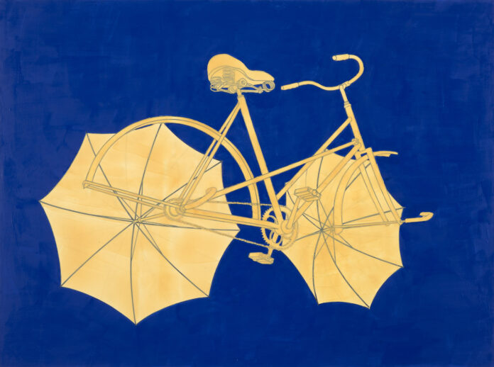 Lubomír Typlt: Odjíždějící kolo s deštníky Lubomír Typlt, Odjizdejici kolo s destniky v kobaltove modri
